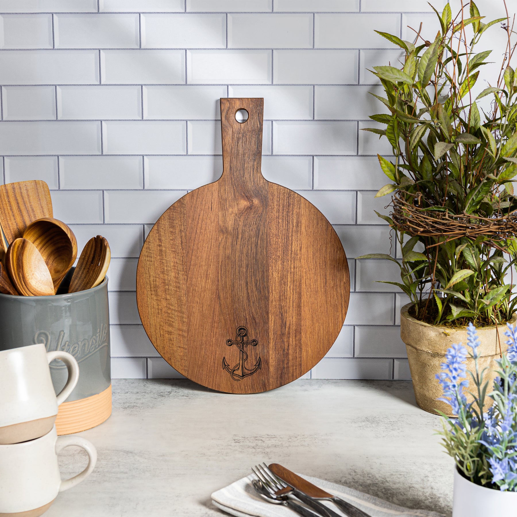 Chef's Collection Teak Round Serving Board - Anchor - 12" Diameter - 60762ANCC