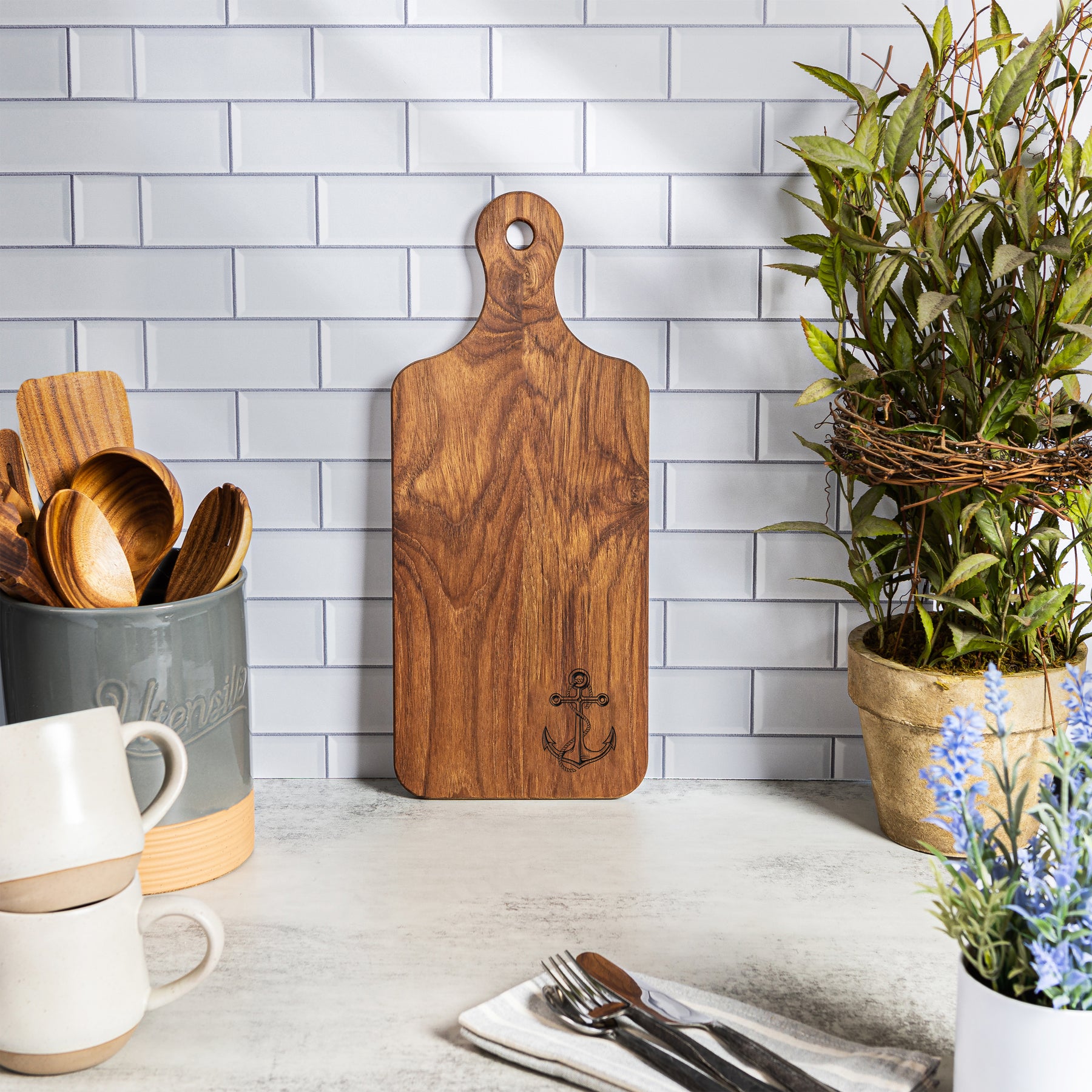 Chef's Collection Teak Small Charcuterie Board - Anchor - 7" x 12" - 60763ANCC